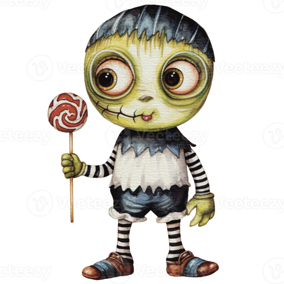 a baby monster on Halloween character holding a lollipop , png