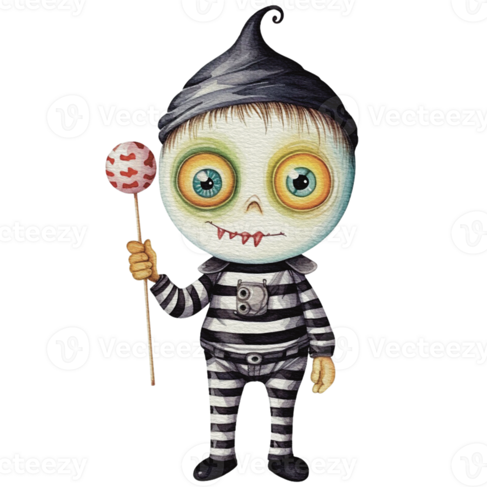 a baby monster on Halloween character holding a lollipop , png
