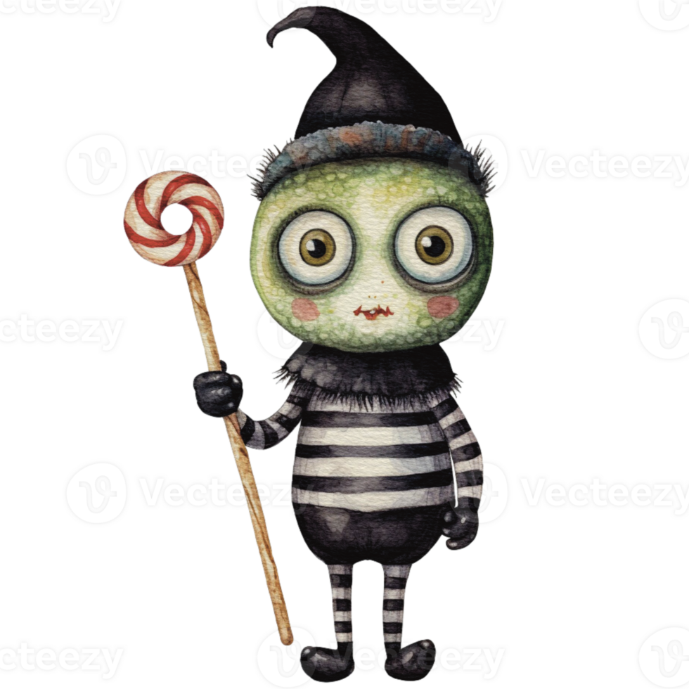a baby monster on Halloween character holding a lollipop , png
