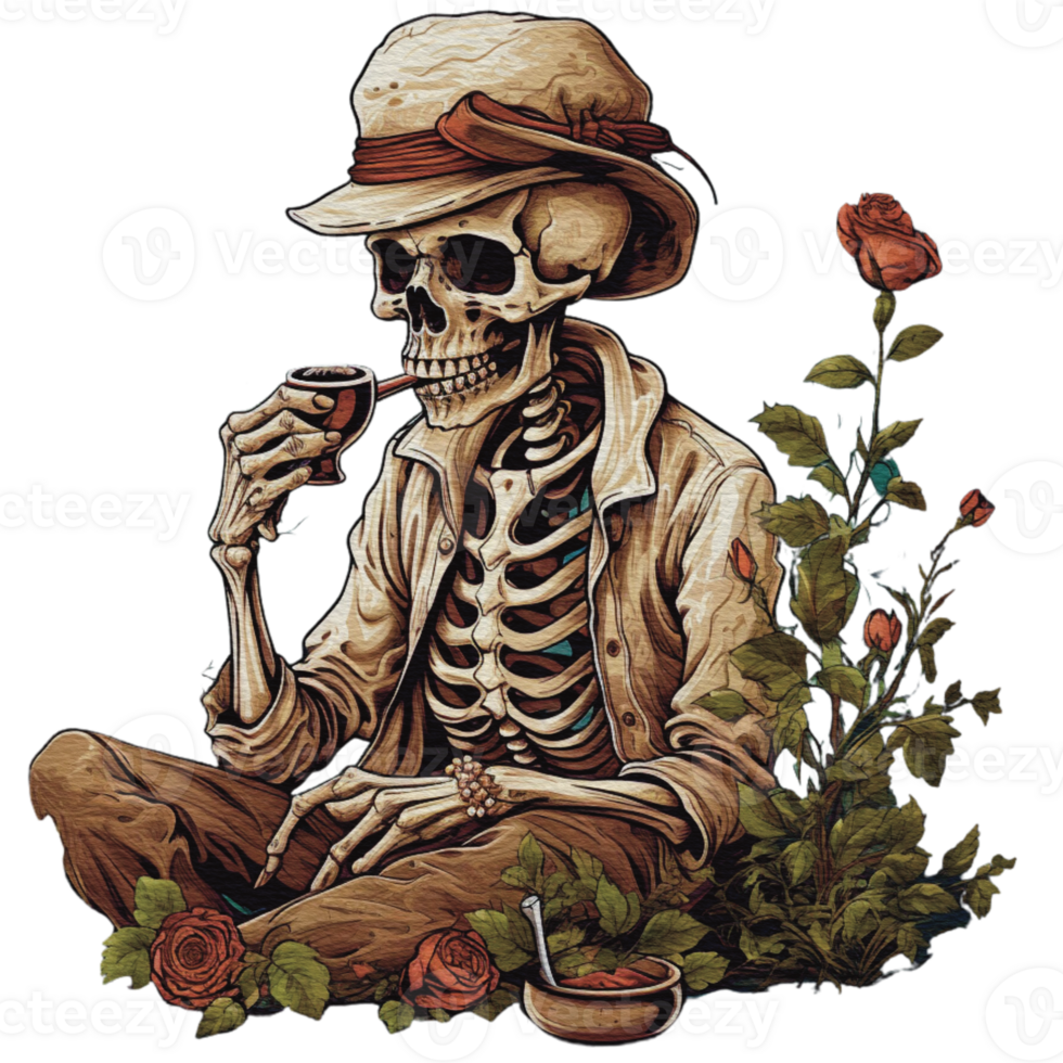 skeleton smoking a pipe on transparent background png
