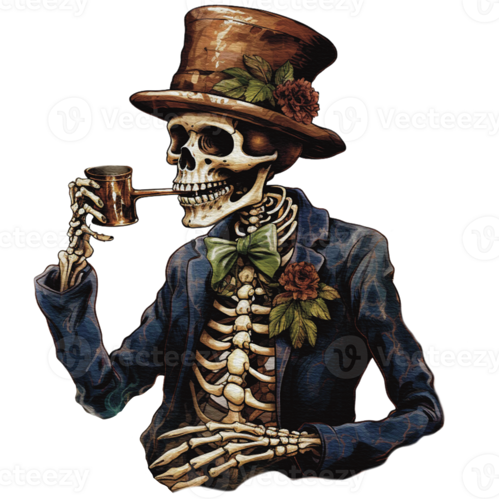skeleton smoking a pipe on transparent background png