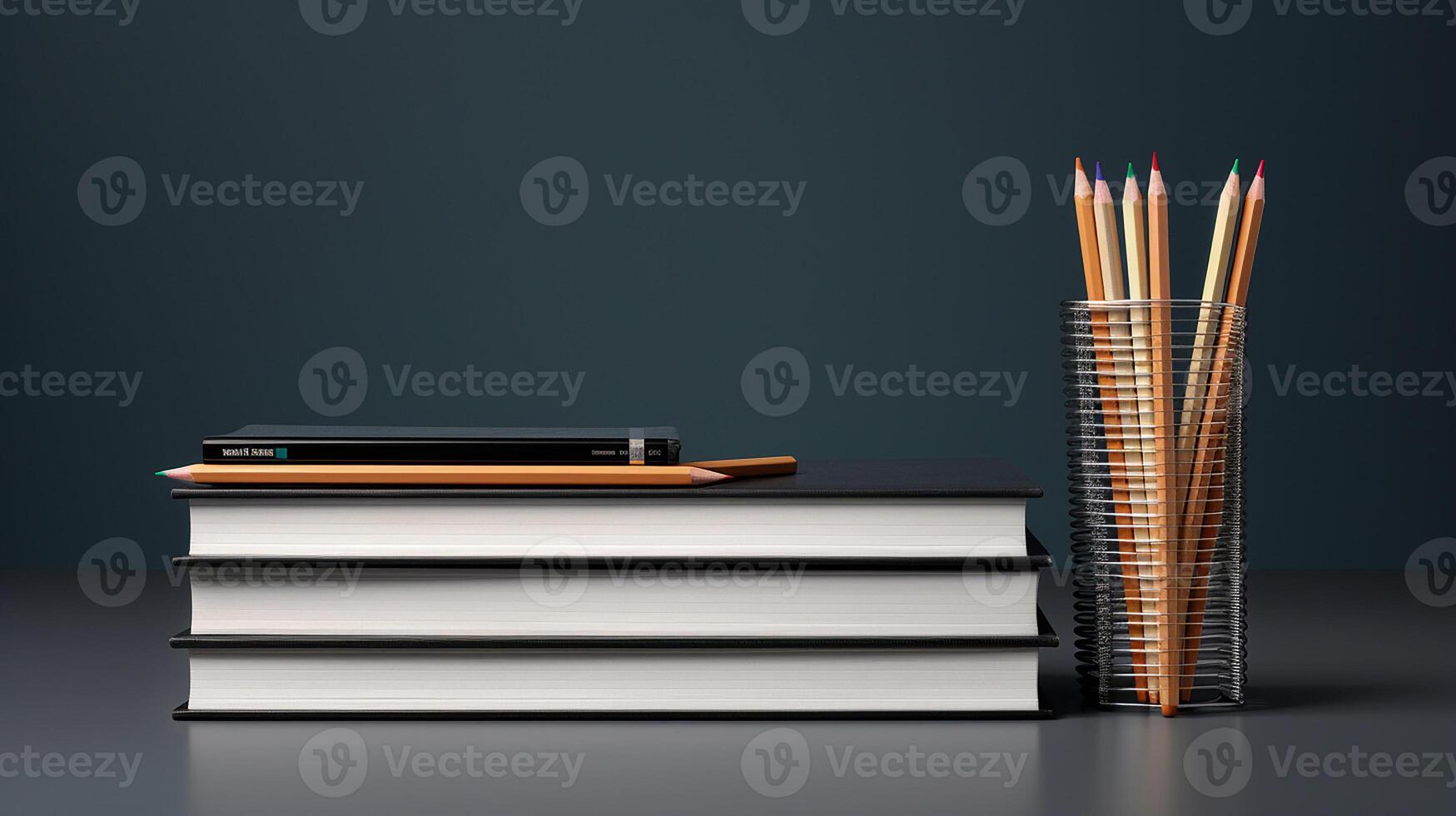 a stack of books and pencils on a table photo