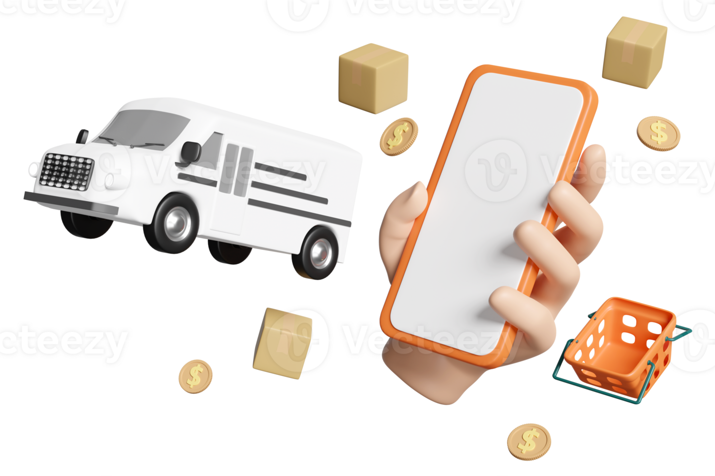 3d hands hold mobile phone, smartphone float with shopping cart, orange basket, van, goods box isolated. Online delivery or online order tracking concept, 3d render illustration png