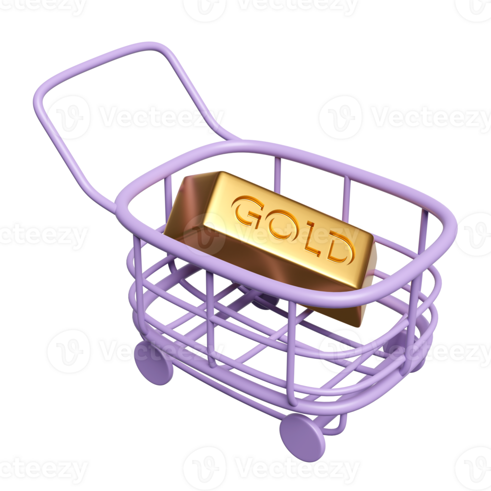 3d shopping cart, basket with gold bar isolated. economic movements or business finance concept, 3d render illustration png