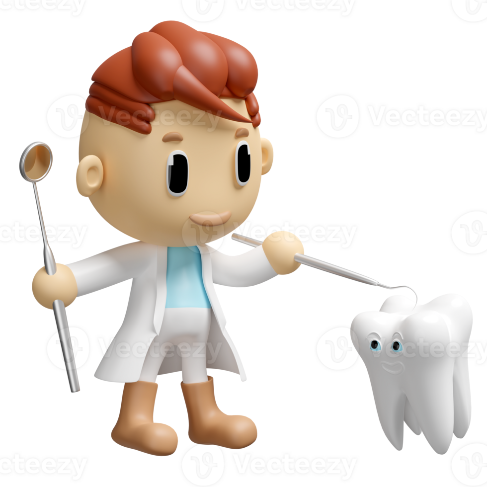 3d miniature cartoon character dentist with dentist mirror, sickle scaler check for cavities, dental examination of the dentist, health of white teeth, oral care 3d render, isolated png