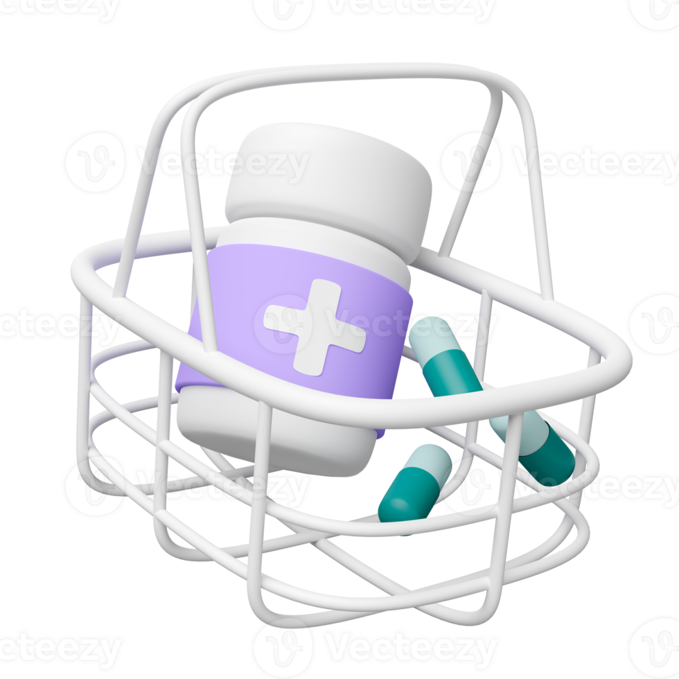 3d medicin flaska, handla korg med kapsel piller isolerat. farmaceutisk produkt inköp begrepp, 3d framställa illustration png