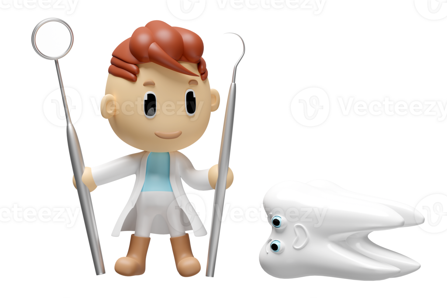 3d miniature cartoon character dentist with dentist mirror, sickle scaler check for cavities, dental examination of the dentist, health of white teeth, oral care 3d render, isolated png