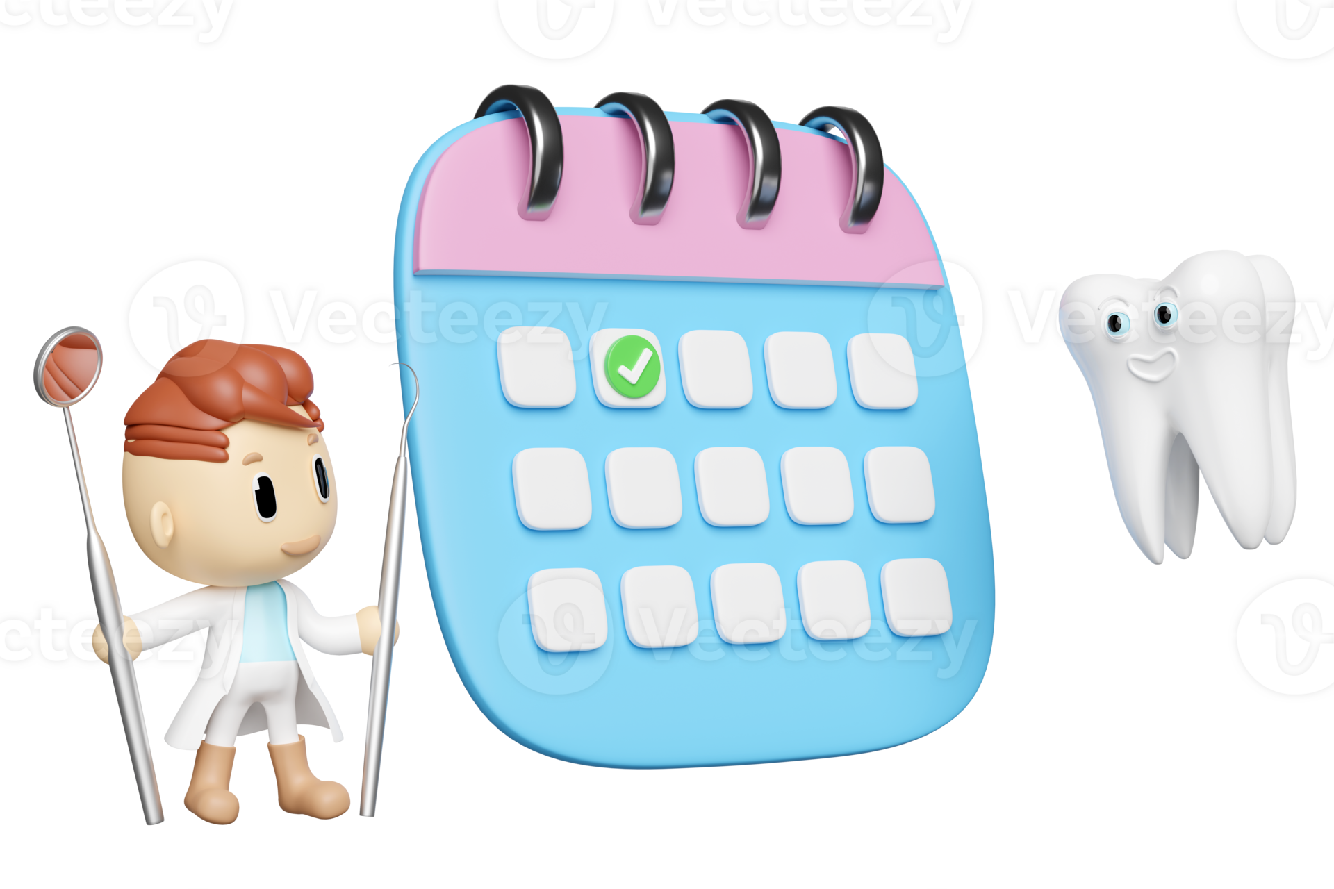 3d miniature cartoon character dentist with dental molar teeth model