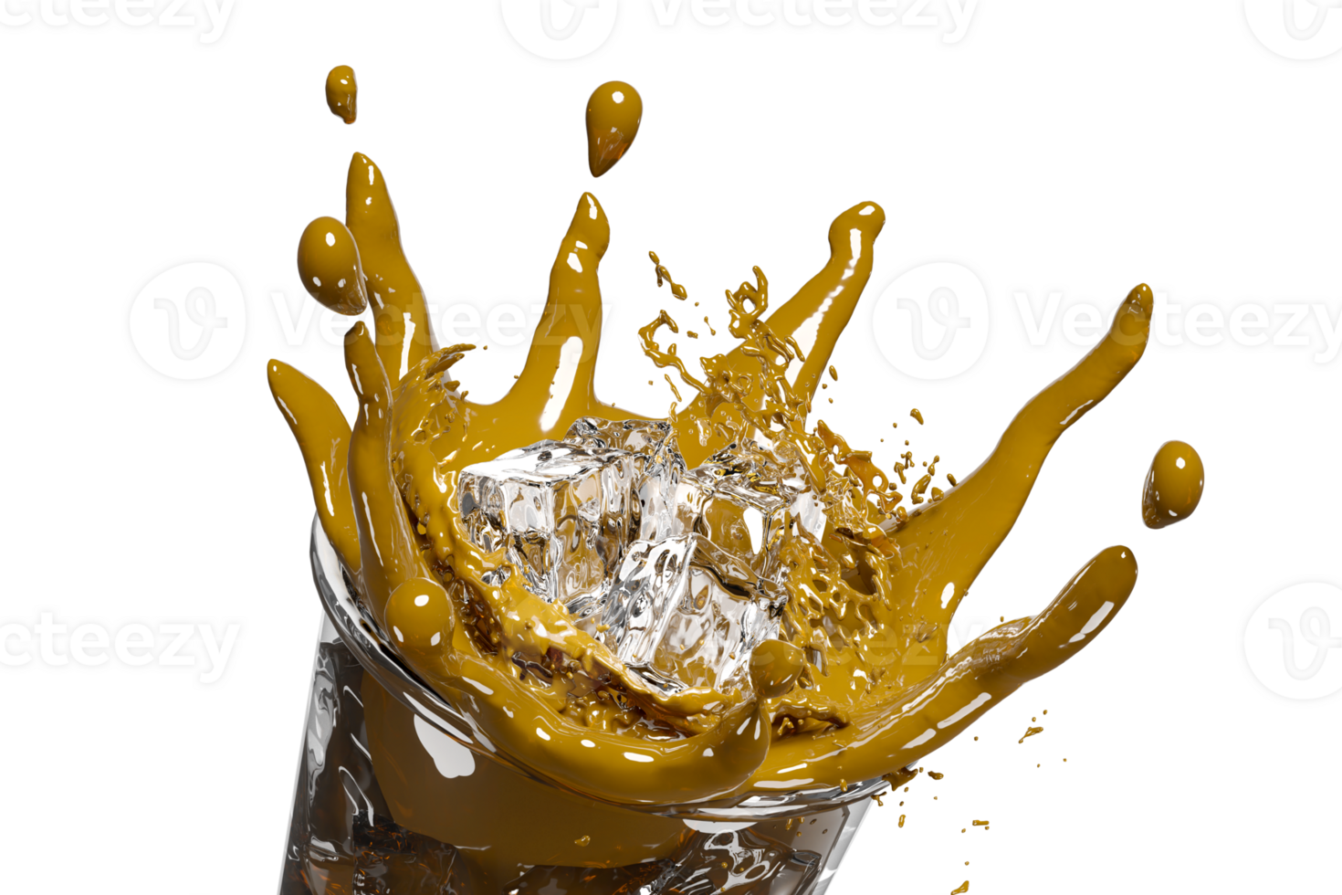 3d iced coffee in a glass with coffee water splash, ice cubes isolated. 3d render illustration png