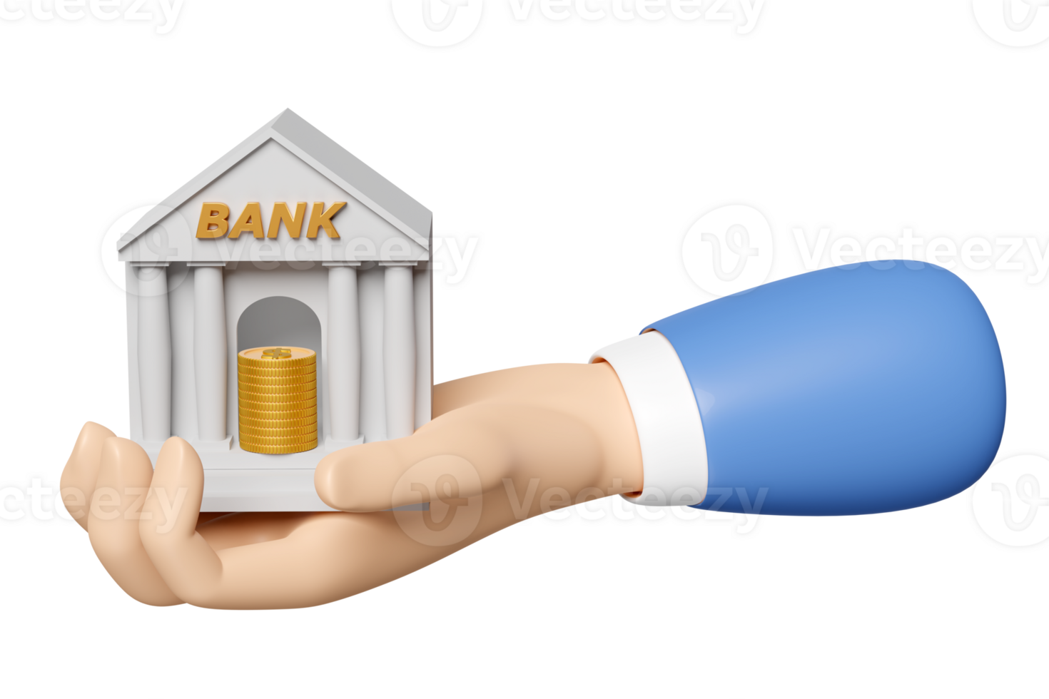 3d Geschäftsmann Hände halten Bank oder MwSt Büro Gebäude mit Geld Symbol isoliert. Bank Finanzierung, Geld Austausch Konzept, 3d machen Illustration png