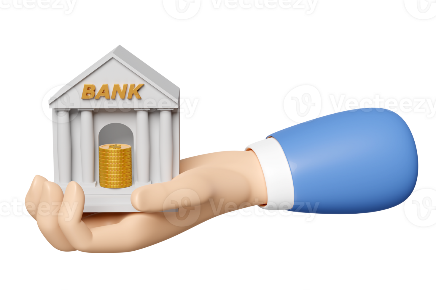 3d businessman hands holding bank or tax office building with money icon isolated. bank financing, money exchange concept, 3d render illustration png