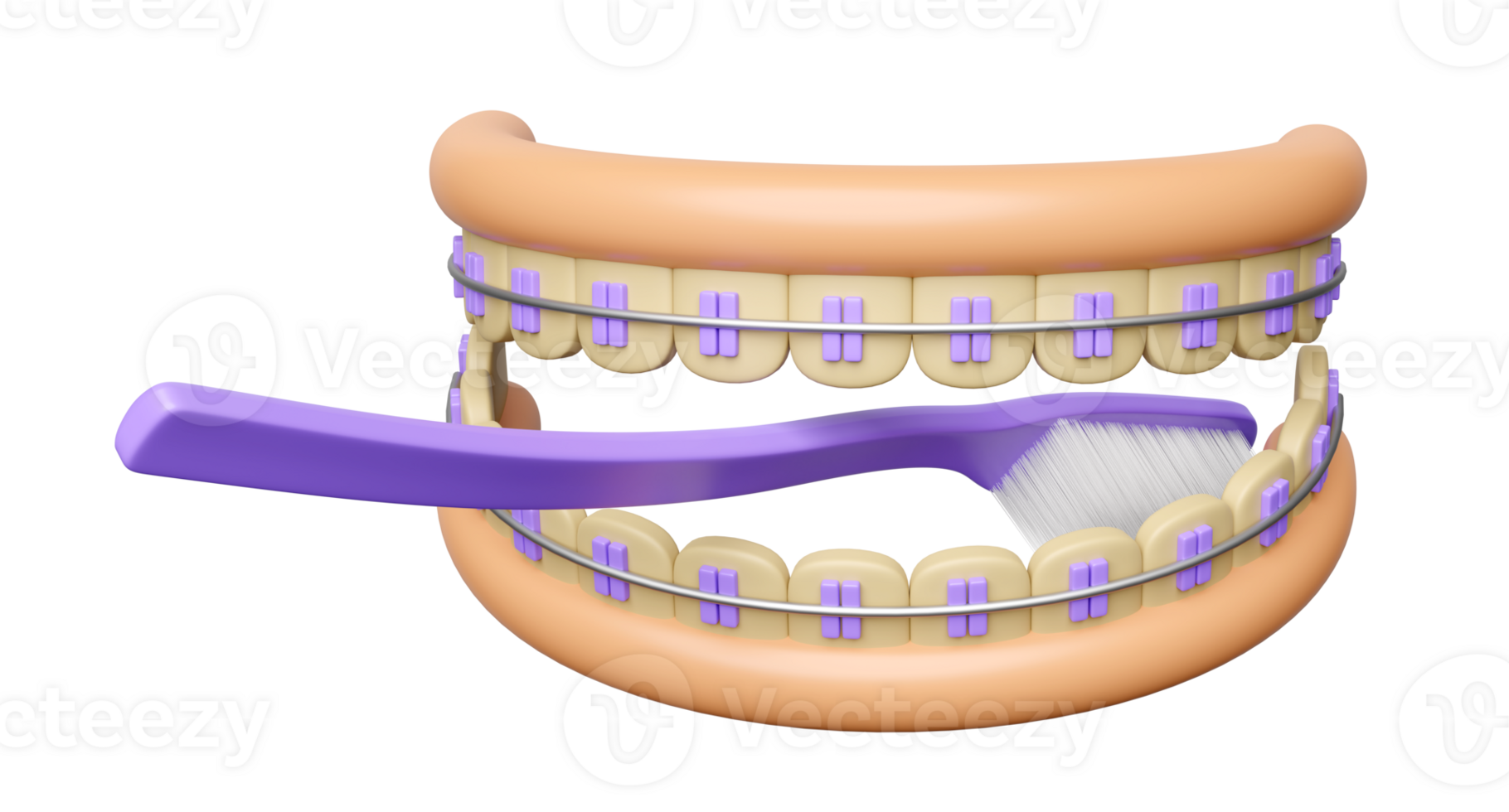 3d ortodonti tecknad serie, tänder tandställning med gummi, rena tandborste isolerat. 3d framställa illustration png