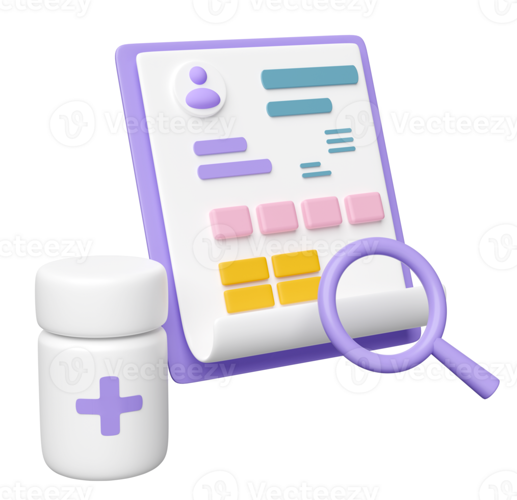 3d medical checklist paper report  with medicine bottle, magnifying glass isolated. health check concept, 3d render illustration png
