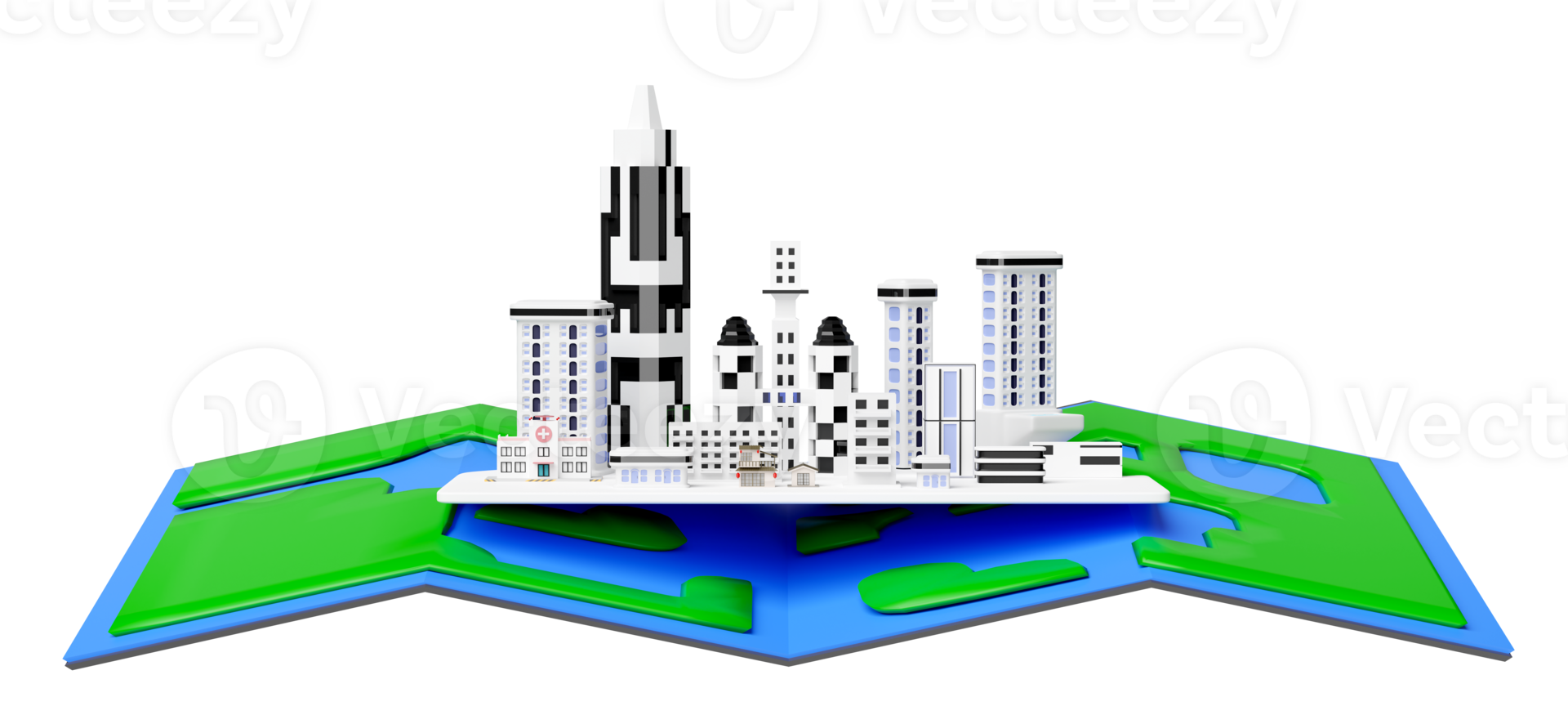 skyscraper building in big city with map isolated. 3d render illustration png