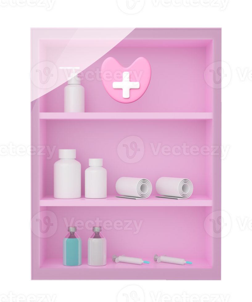 médicament cabinet avec drogues étagère isolé. 3d rendre illustration png