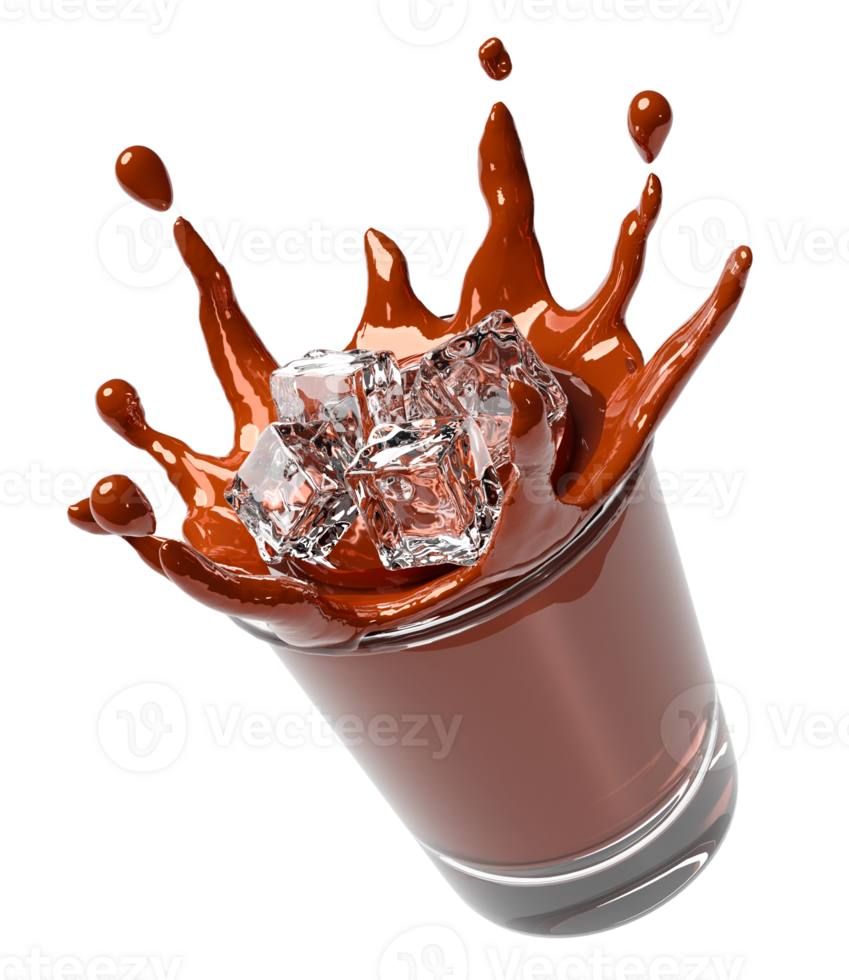 3d iced coffee in a glass with coffee water splash, ice cubes isolated. 3d render illustration png