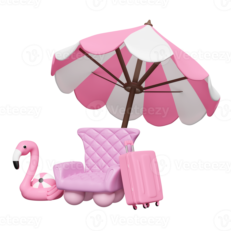 summer travel, 3d pink sofa chair with suitcase, umbrella or parasol, Inflatable flamingo, wave isolated. 3d render illustration png