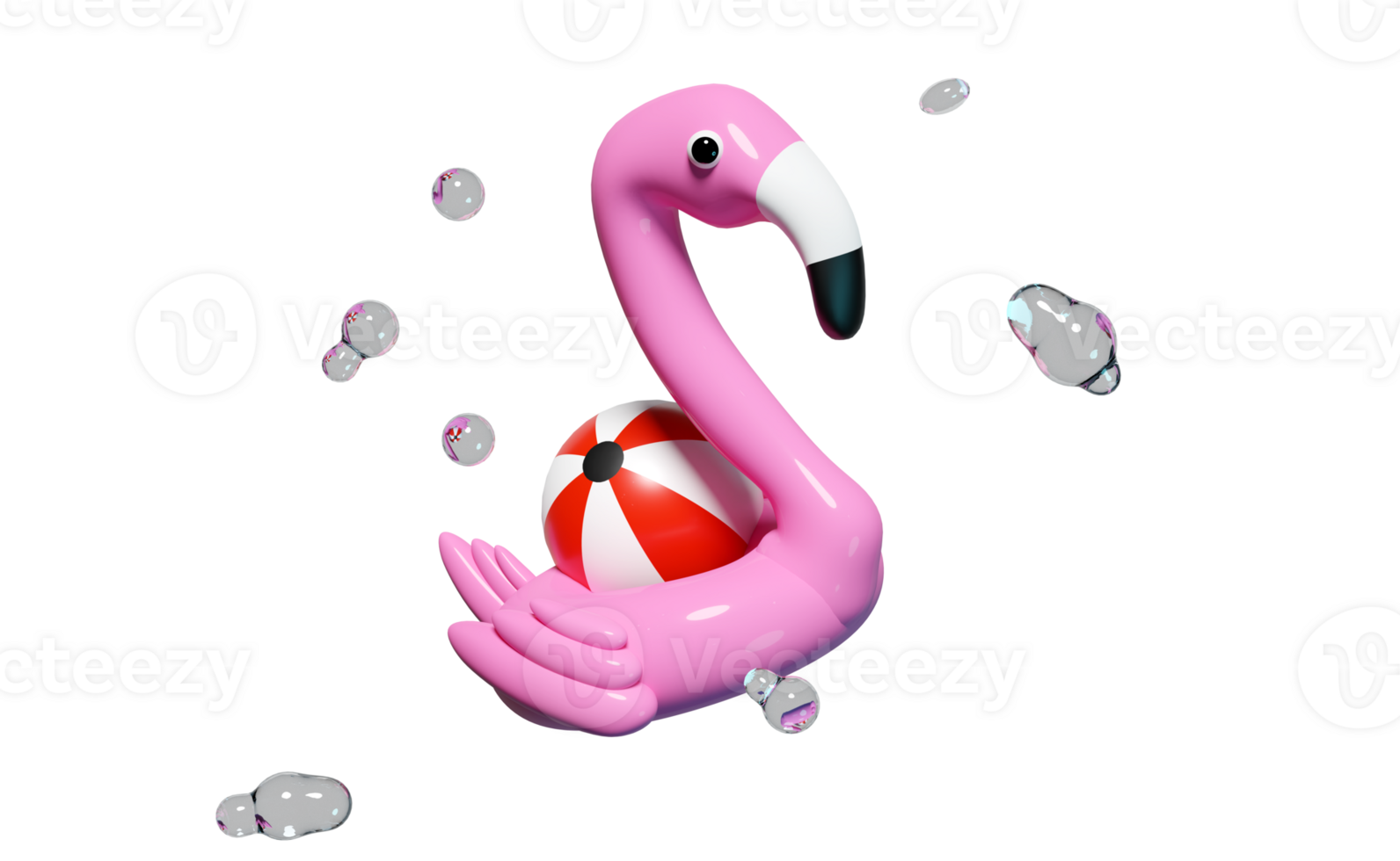 3d pink Inflatable flamingo with water splash, copy space isolated. summer travel concept, 3d render illustration png