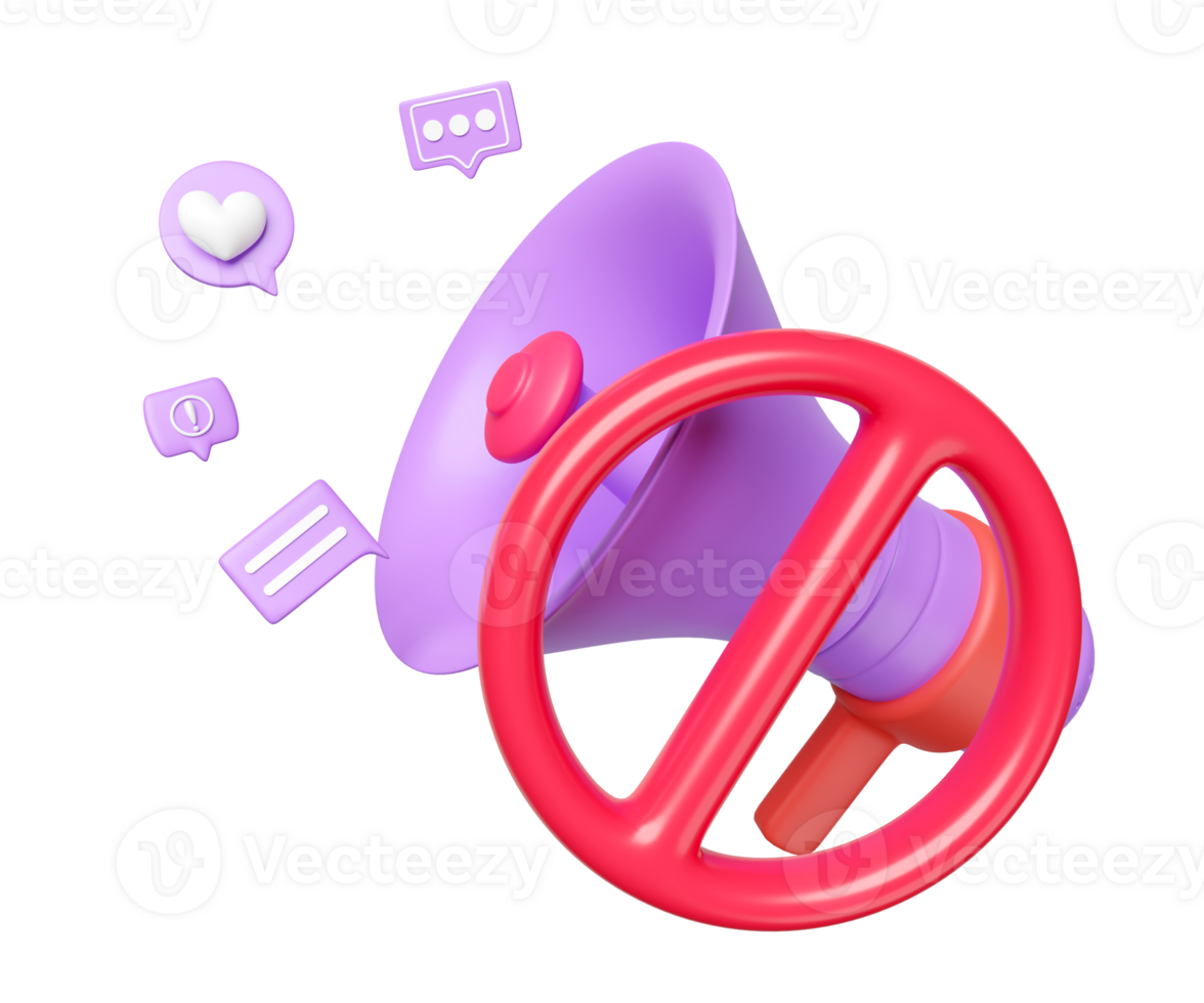 3d megaphone with noise prohibition symbol, chat bubbles isolated. Don't use the sound, 3d render illustration png