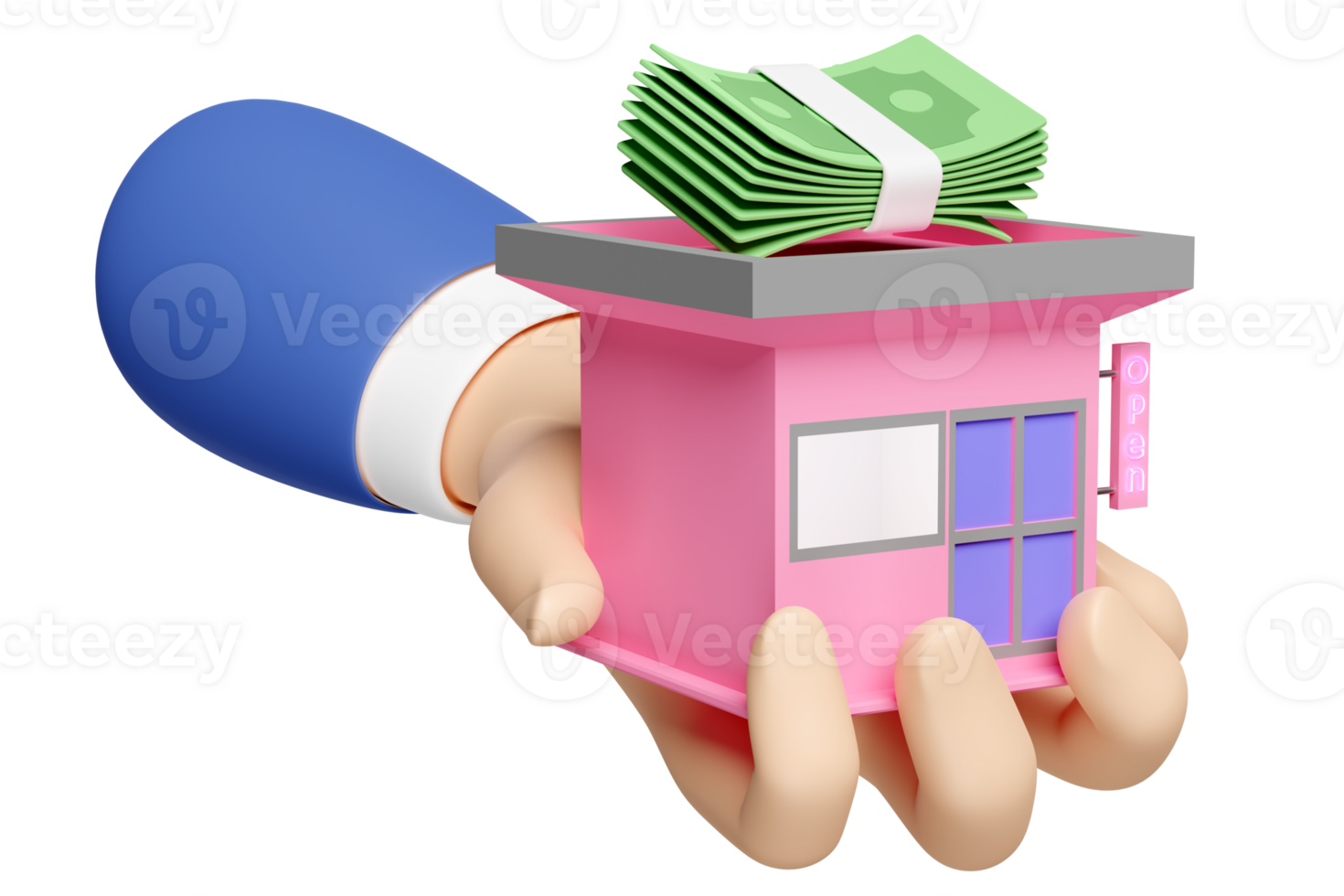 3d businessman hands hold building shop store front with banknote stack icon isolated. startup franchise business, saving money, business growth concept, 3d render illustration png