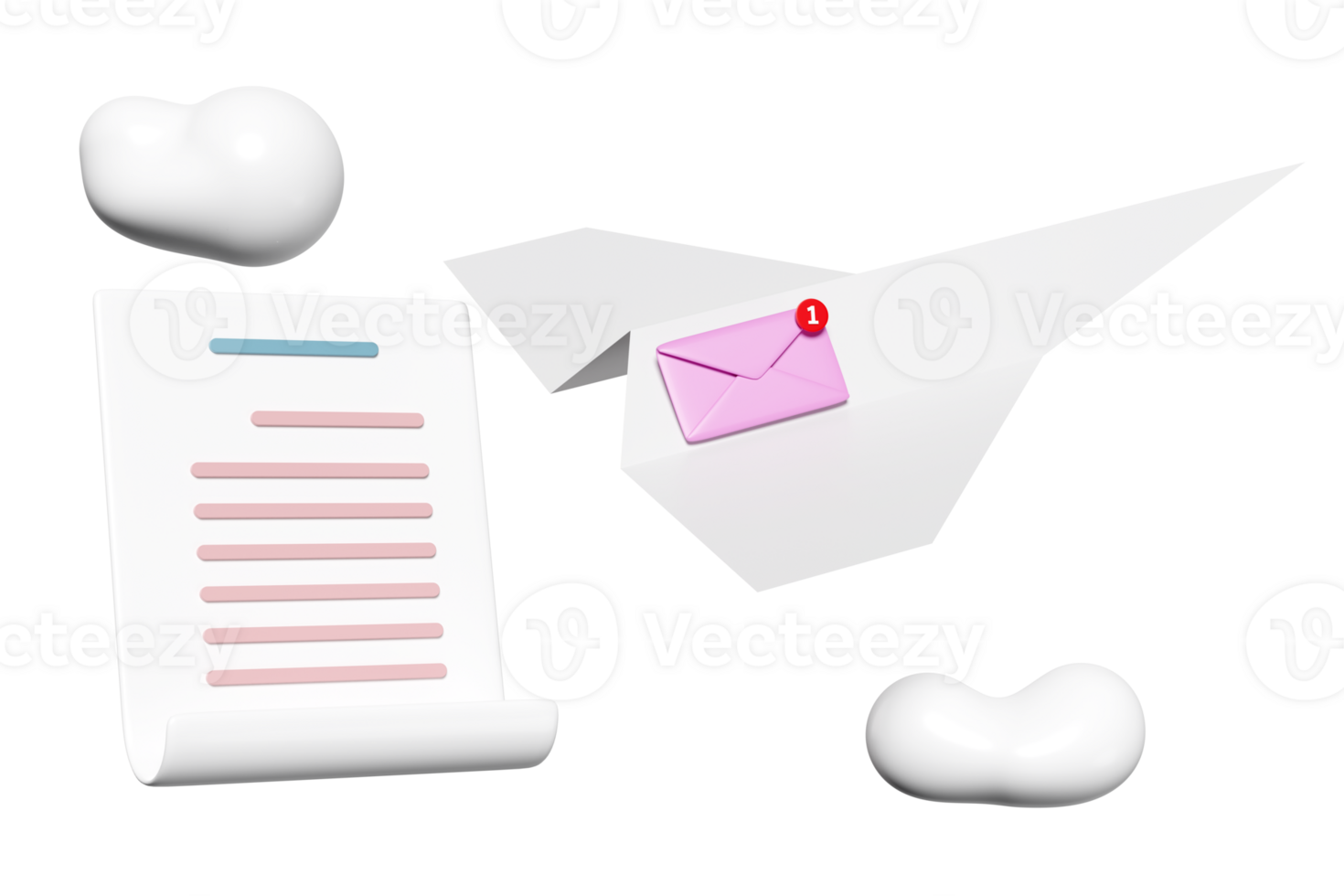 3d paper plane with flying closed envelope, wings, cloud, clipboard white checklist paper isolated. notify newsletter, online incoming email concept, 3d render illustration png