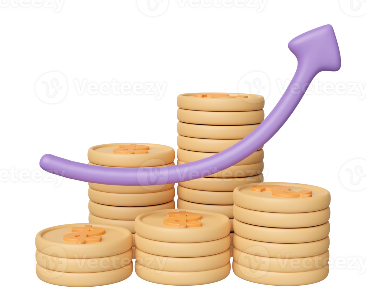 3d charts, graph with arrow, coins pile isolated. analysis business financial data, business strategy, growth concept, 3d render illustration png