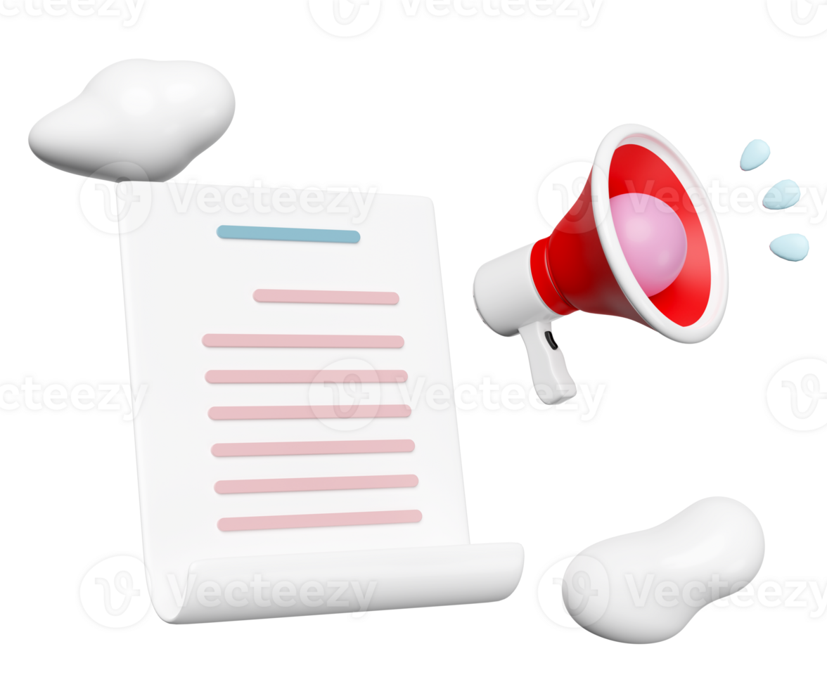 3d red megaphone, hand speaker with cloud, checklist paper, clipboard isolated. announce promotion news, recruitment staff, human resources, job search, job application concept, 3d render png