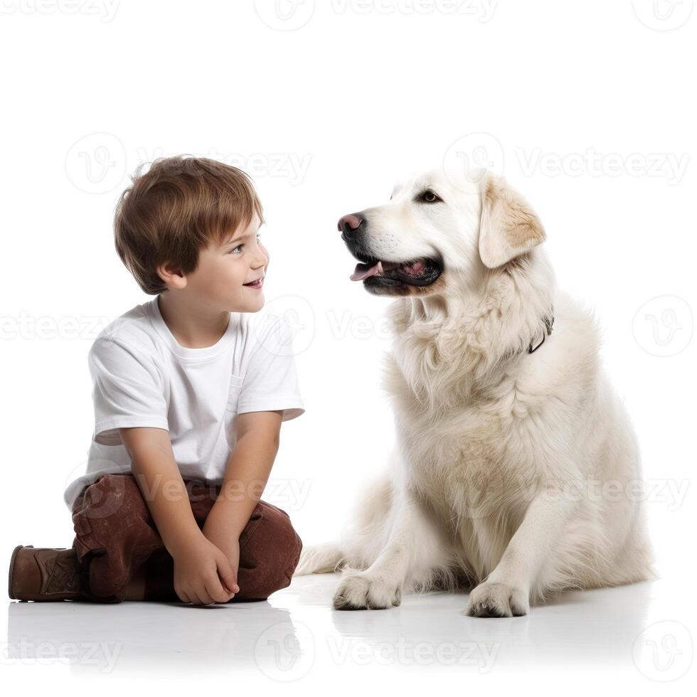 Kid boy with dog on white background. photo