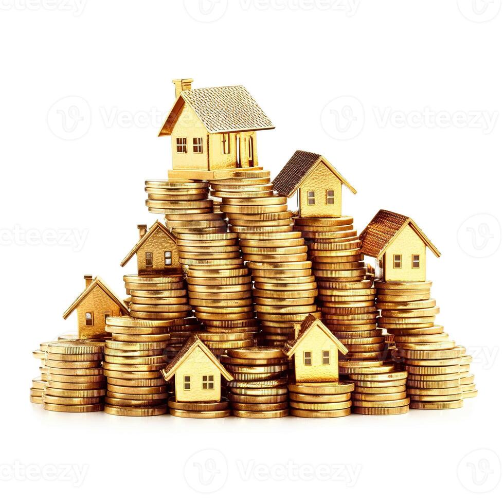 Gold coins shaped house. photo