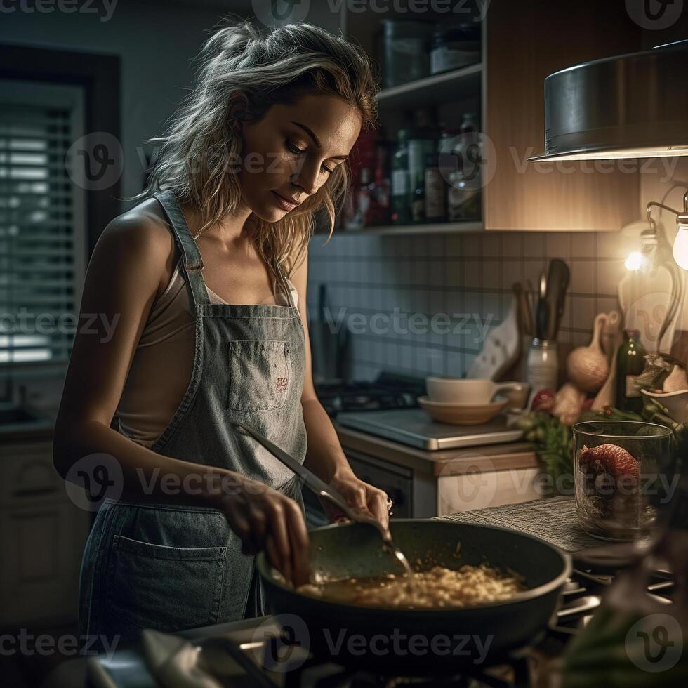 mujer en cocina. generativo ai foto