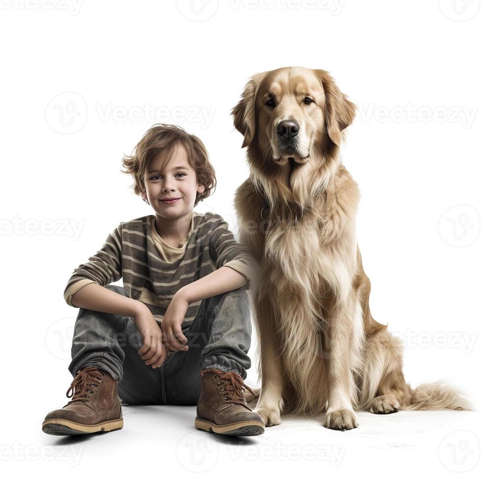 Kid boy with dog on white background. photo