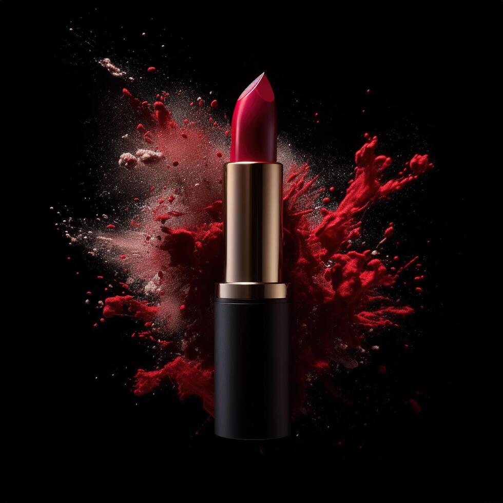 Lipstick exploding on black background. photo