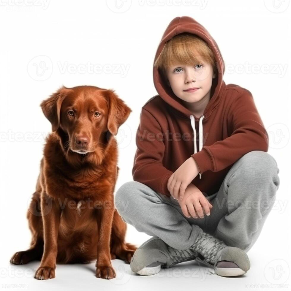 Kid boy with dog on white background. photo