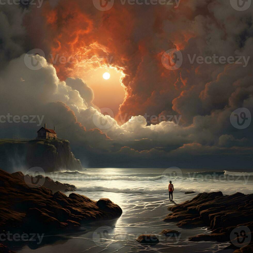 a man standing on the rocks looking at the ocean AI Generative photo