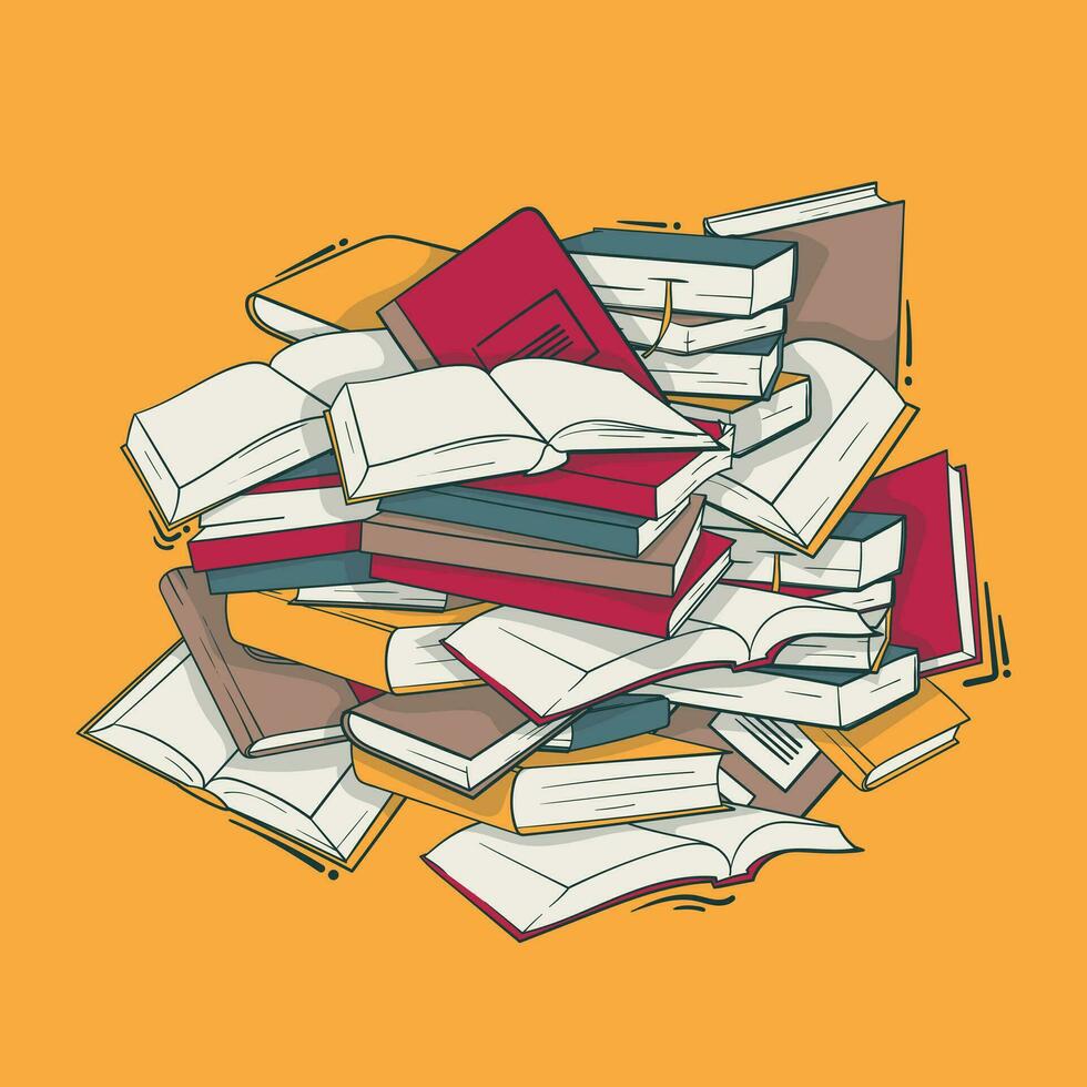 Stack of books in doodle art design for literacy or book day template vector