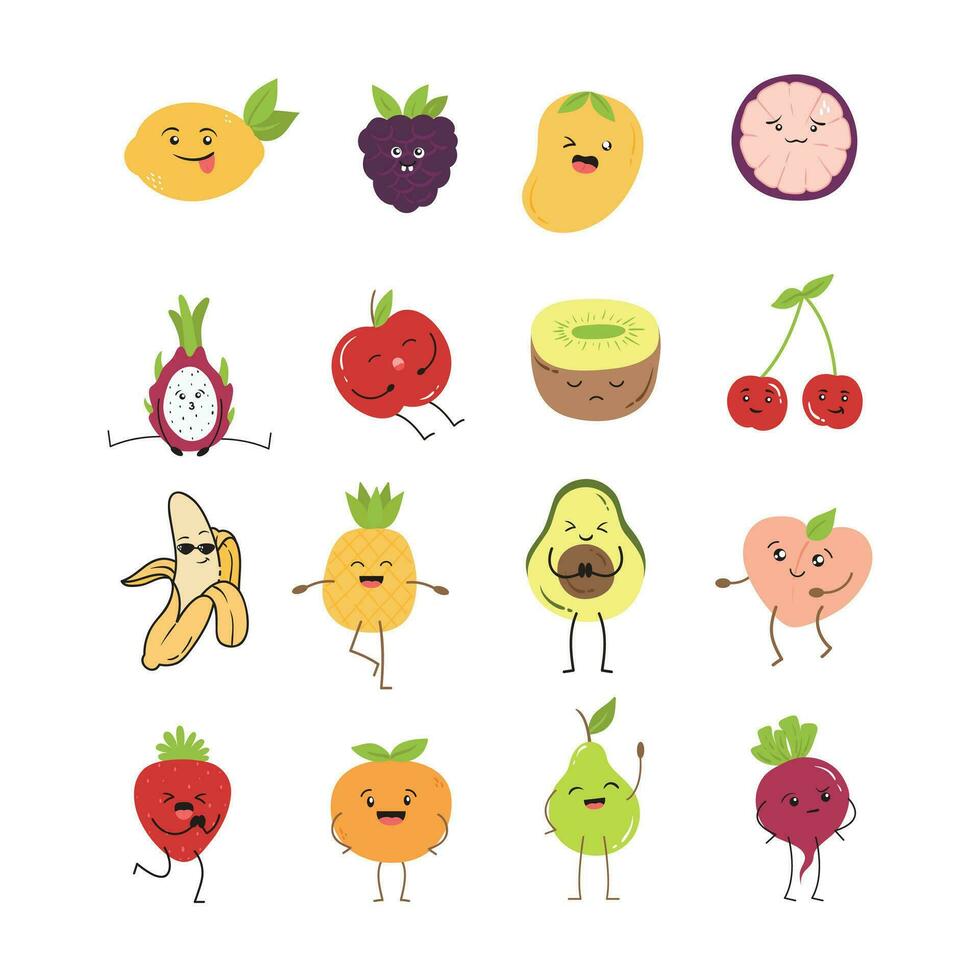 Cartoon fruit character sticker. Funny emoticon in flat style. Food emoji. Funny fruit characters isolated on white background, Cute and funny fruit set vector illustration