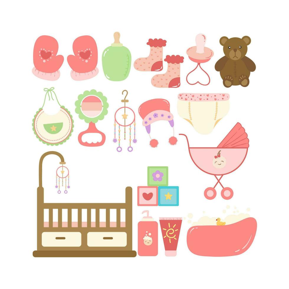 Newborn baby girl element illustration. Birthday girls items. Isolate on a white background baby girl care items. Vector illustration.