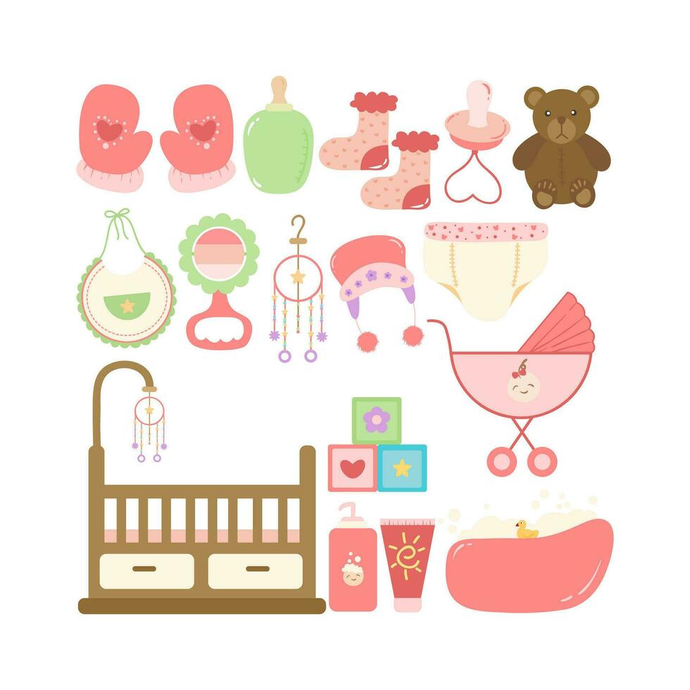 Newborn baby girl element illustration. Birthday girls items. Isolate on a white background baby girl care items. Vector illustration.