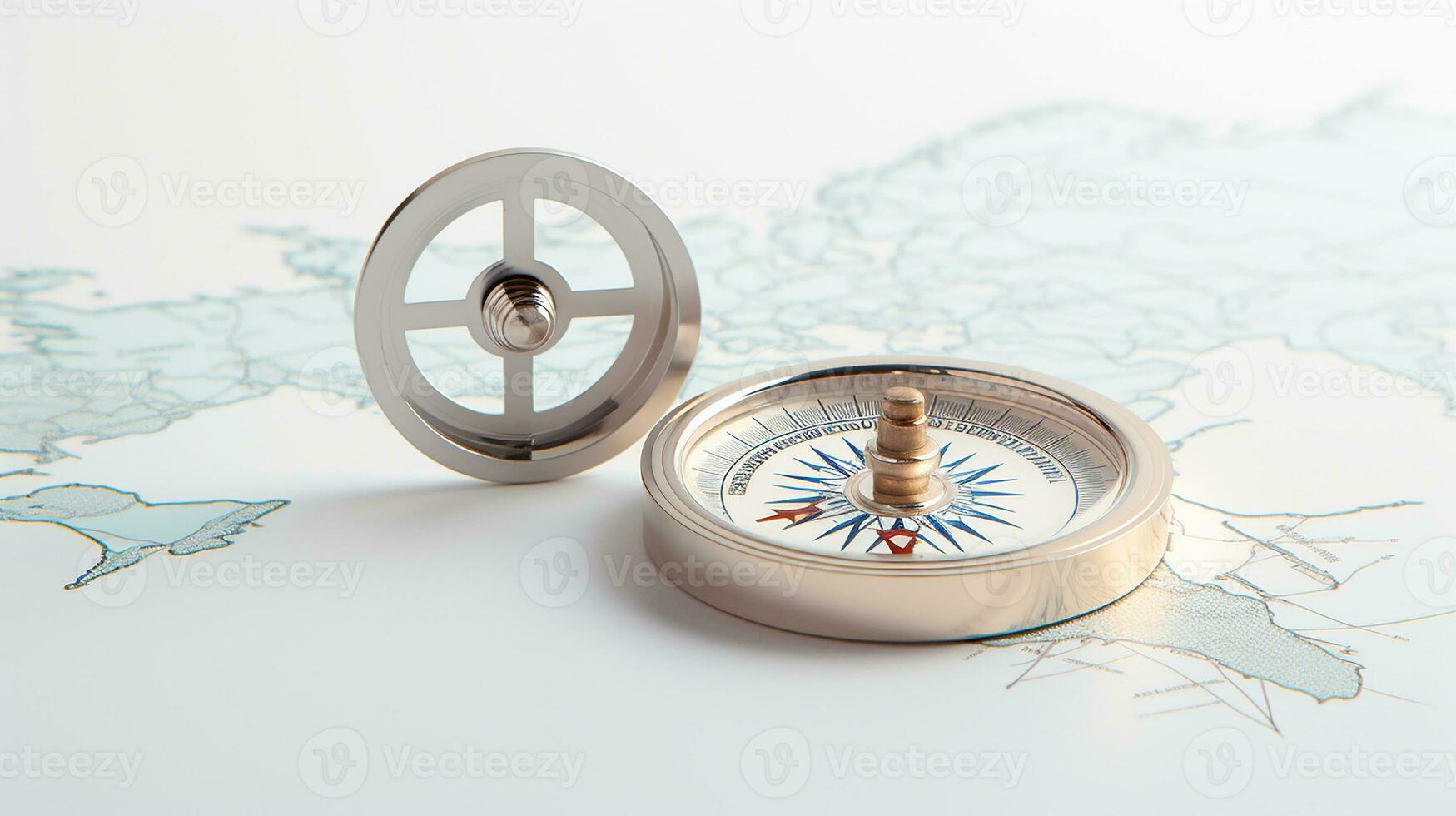 a gold compass on top of a world map AI Generative photo
