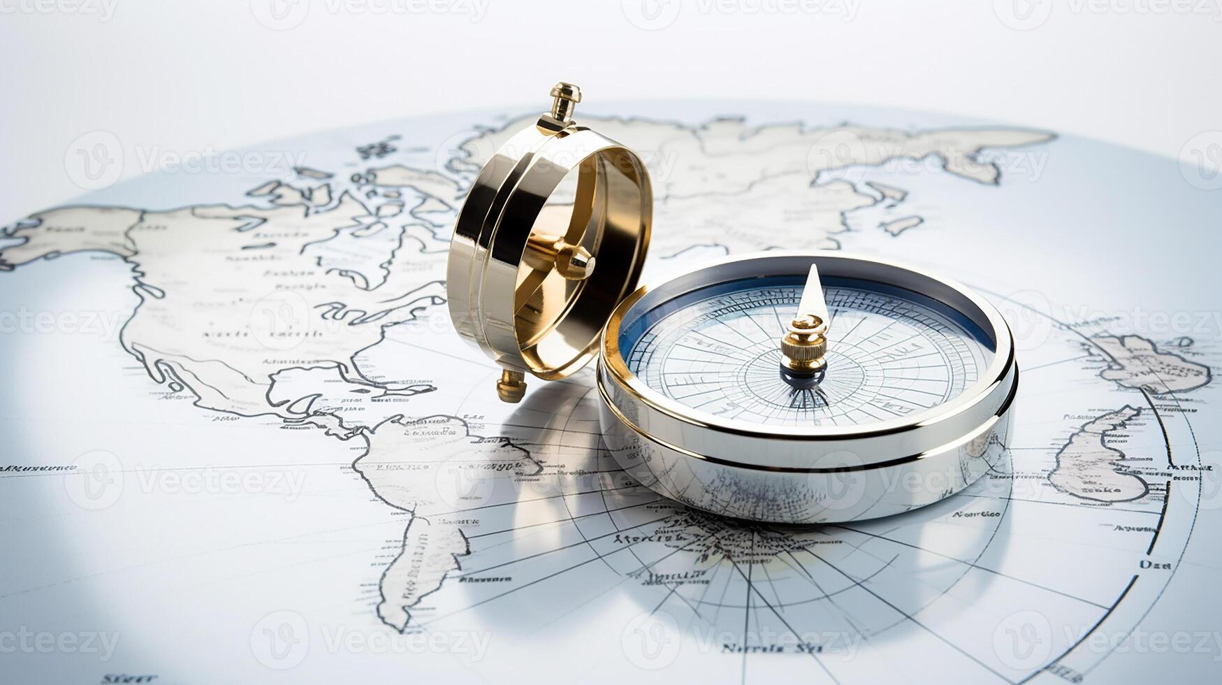 a gold compass on top of a world map photo