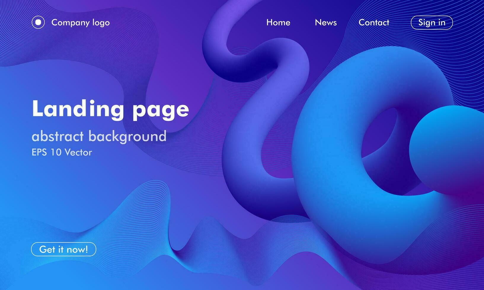 Landing page template with dynamic 3D wave on futuristic gradient blue background vector