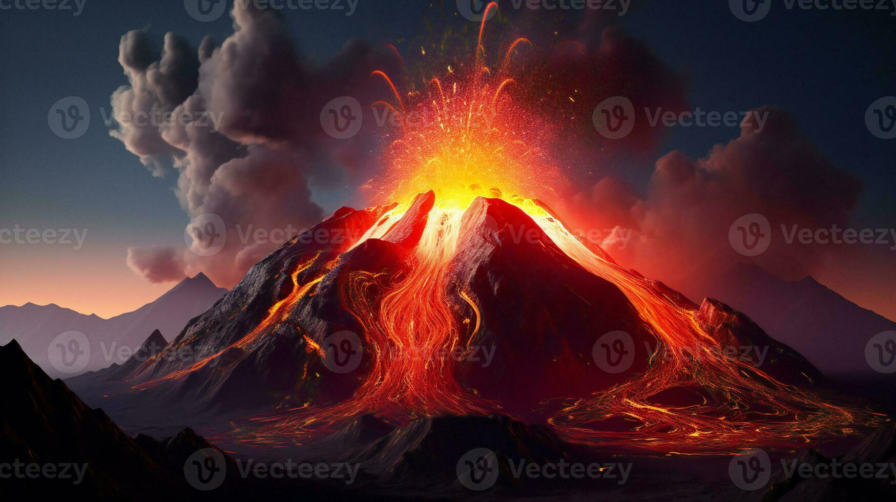an illustration of a volcano erupting with lava and smoke AI Generative photo