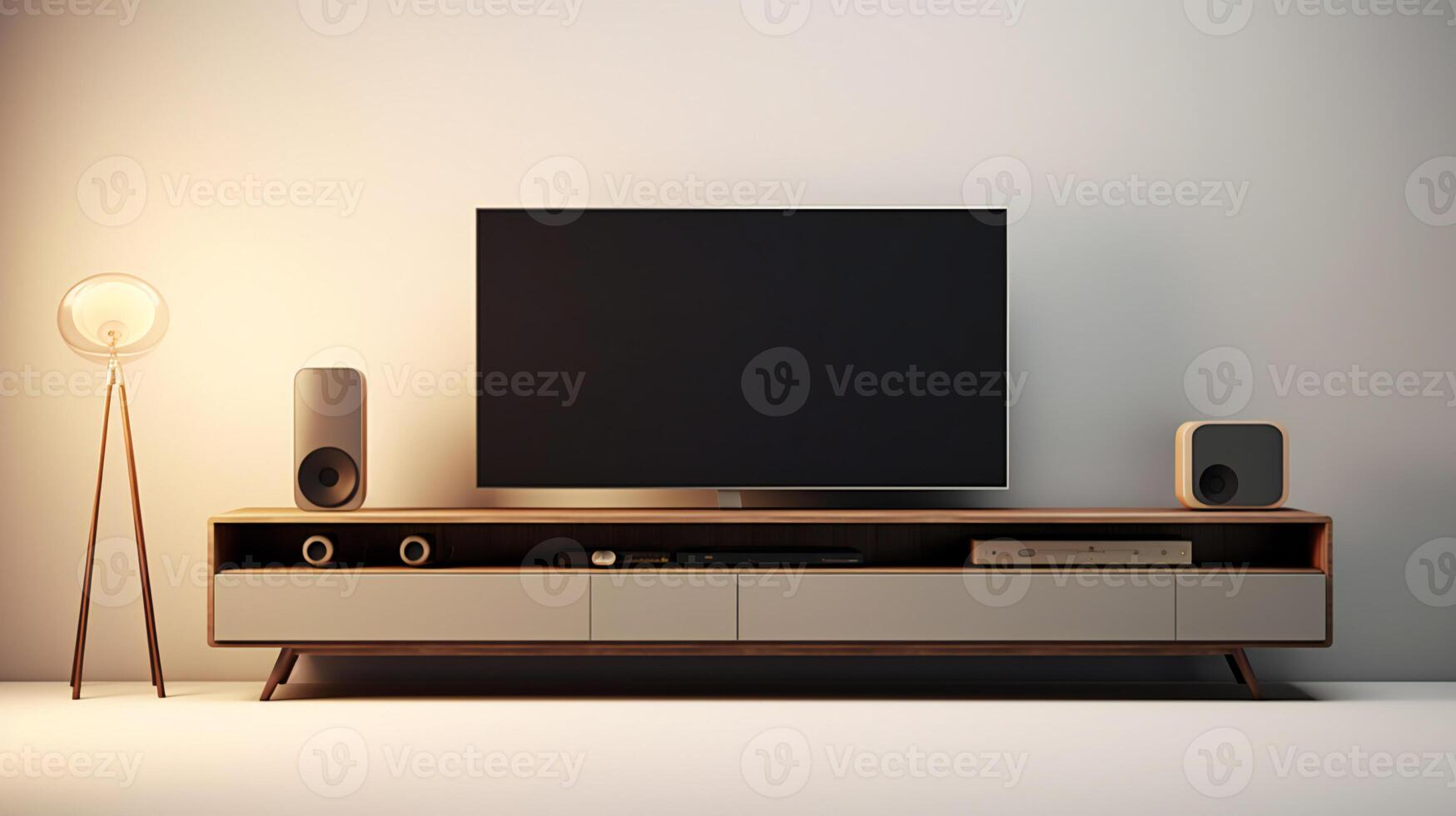 modern tv stand with speakers and a lamp photo