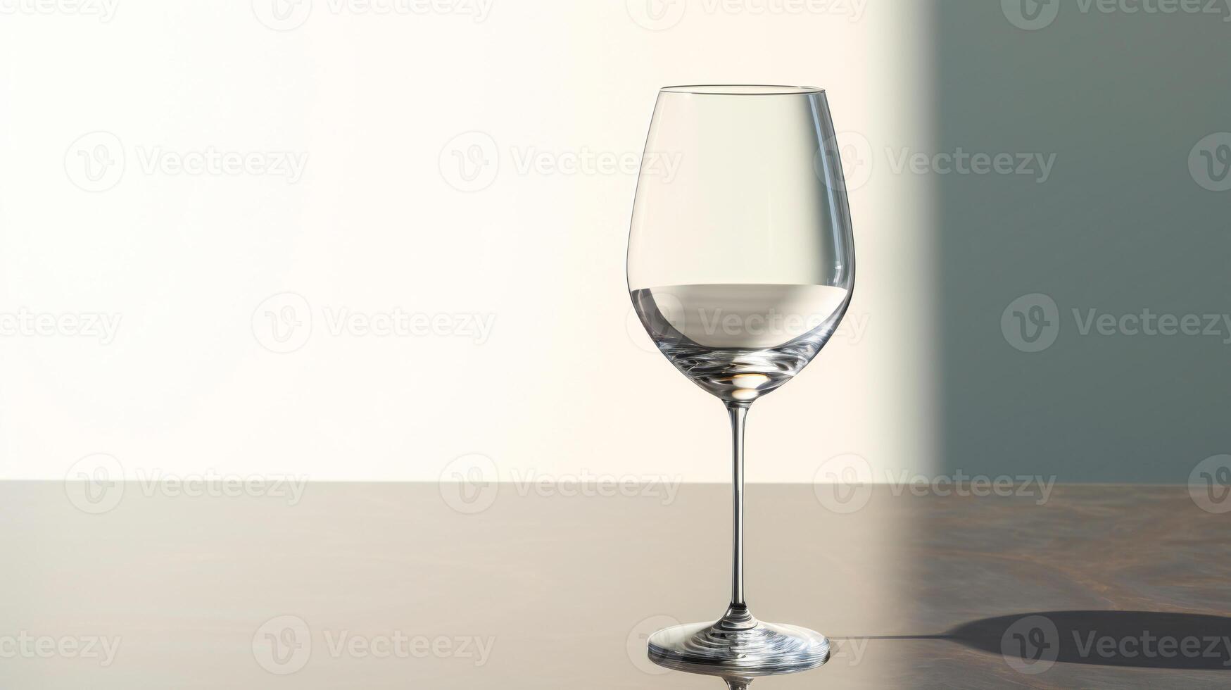 a wine glass sitting on a table with a light behind it AI Generative photo