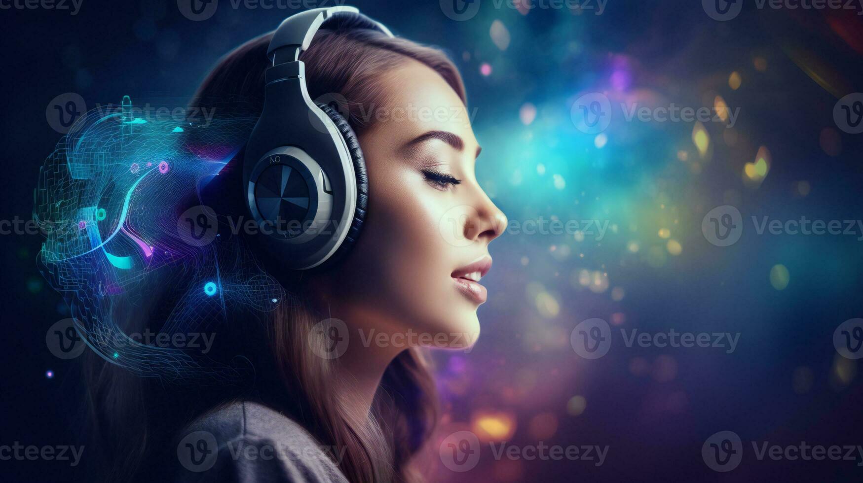 a woman with headphones listening to music AI Generative photo