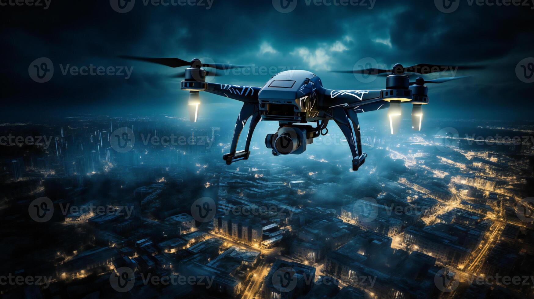 a drone flying over a city at night photo