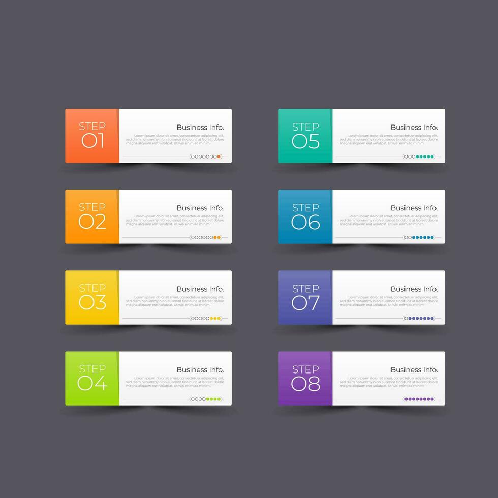 El diseño moderno de negocios de infografía con 8 conceptos, partes, pasos o procesos de opciones se puede utilizar para el diseño de flujo de trabajo, diagrama, opciones de números, diseño web. elemento infográfico. vector