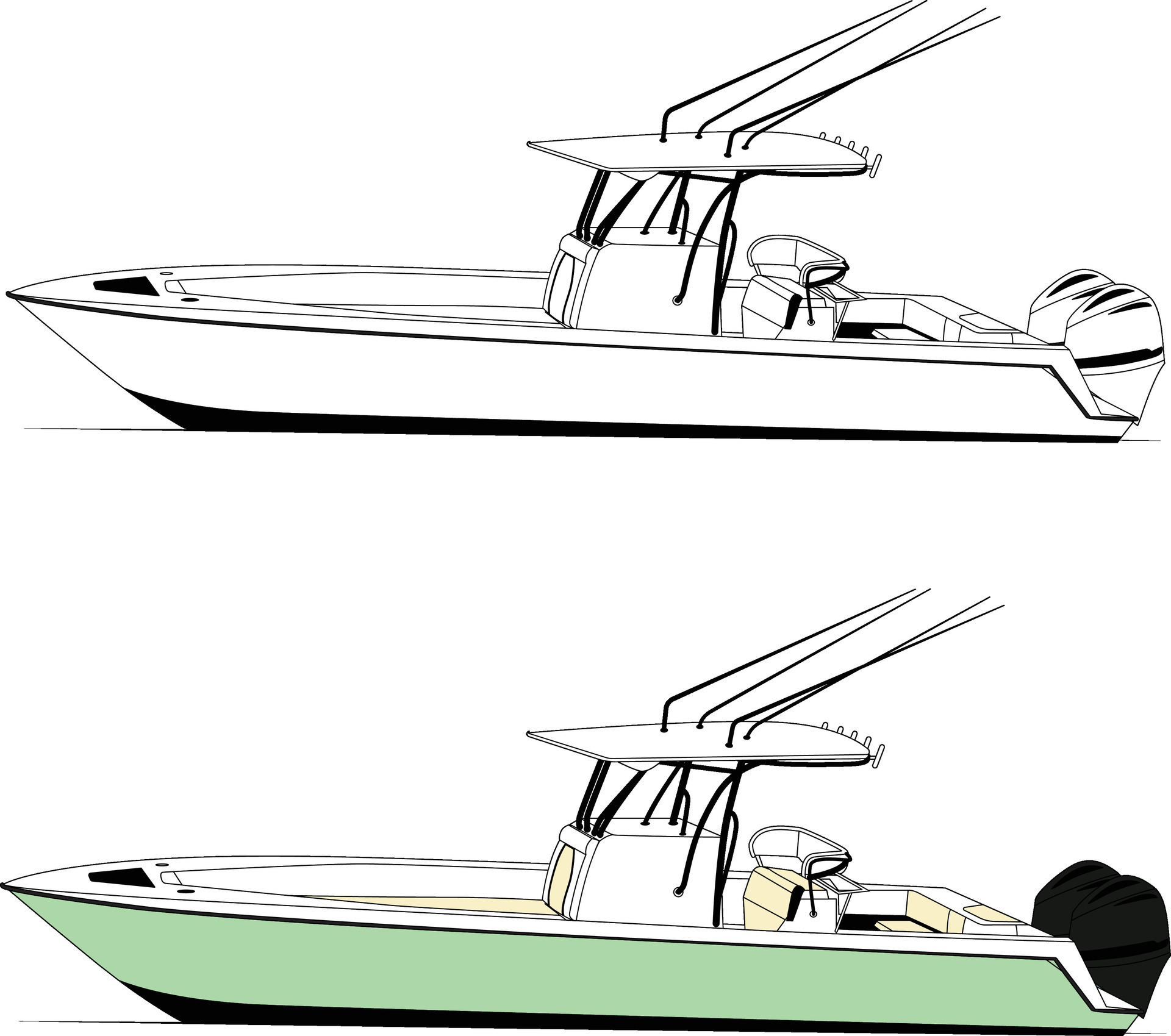 Boat vector, Fishing boat vector line art illustration and one color