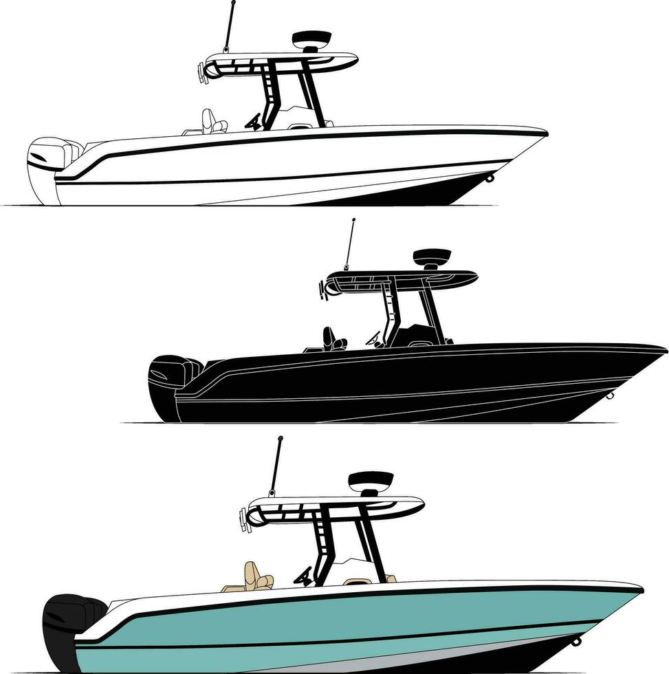 Boat Vector, line art and color image of side view fishing boat on a white background. vector