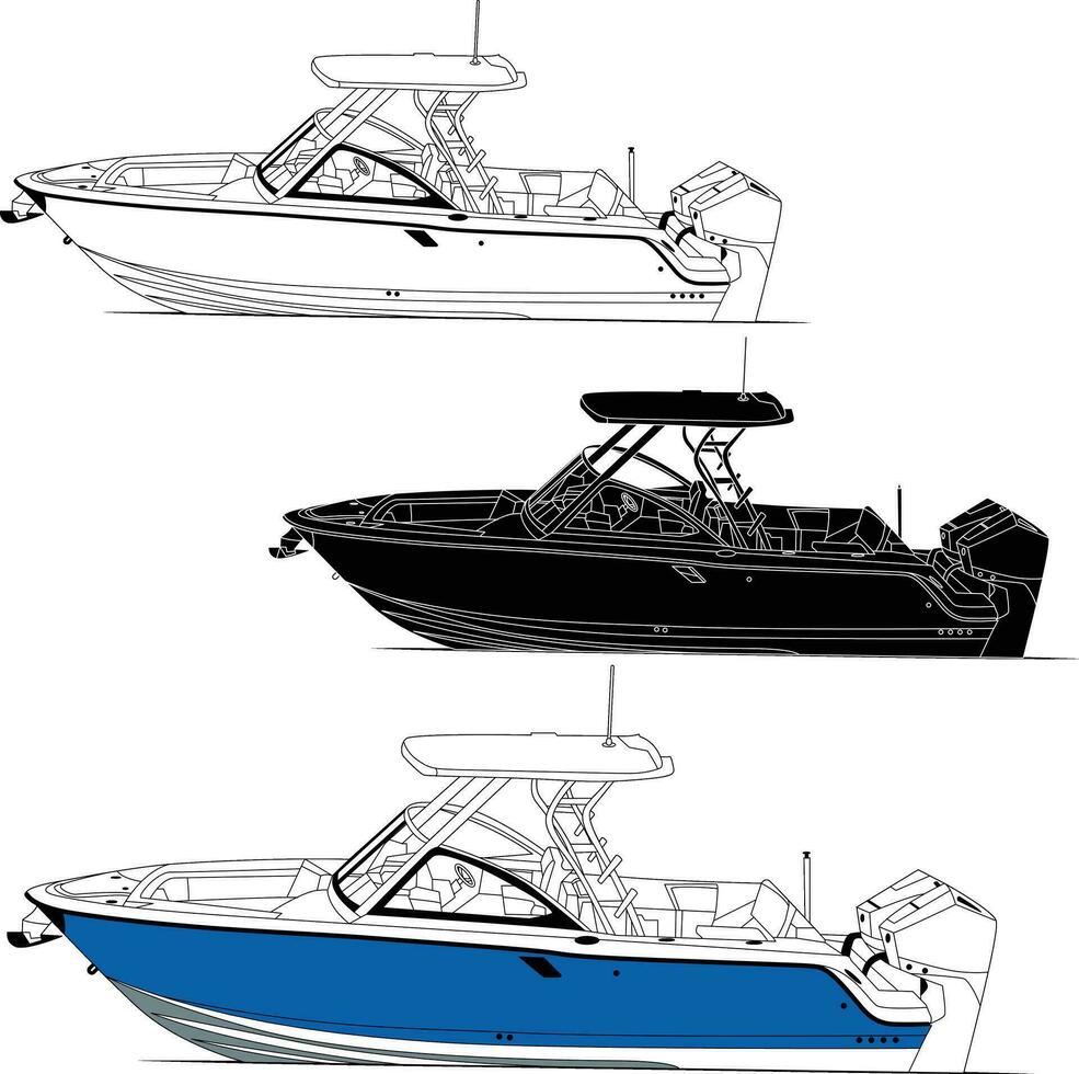 Boat Vector, line art and color image of side view fishing boat on a white background. vector